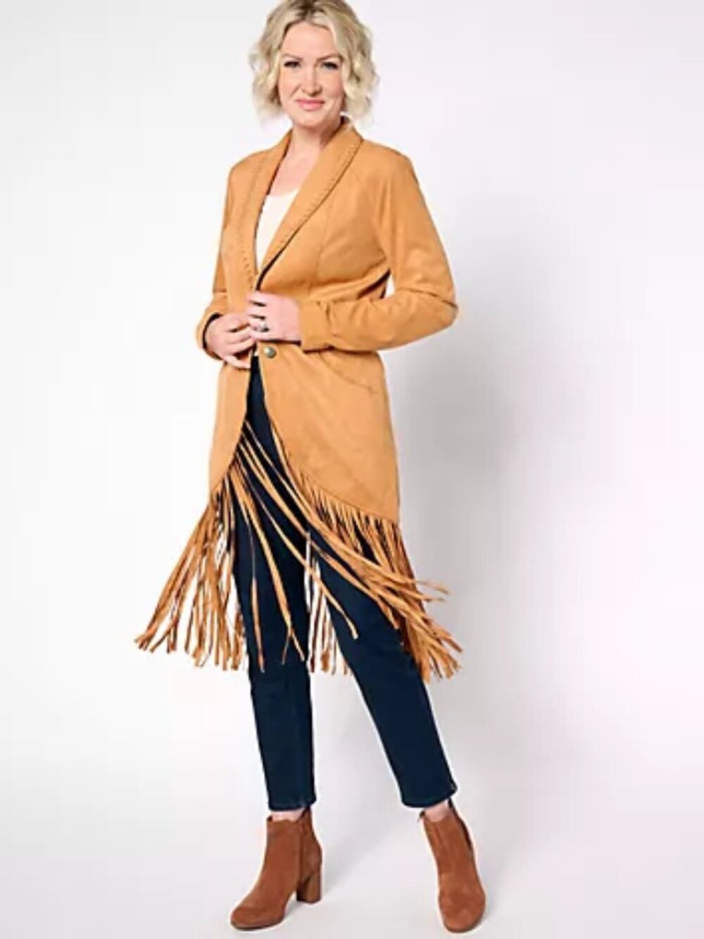 American West by Carolyn Pollack Faux Suede Fringe Jacket, Cashew Sz L a657361